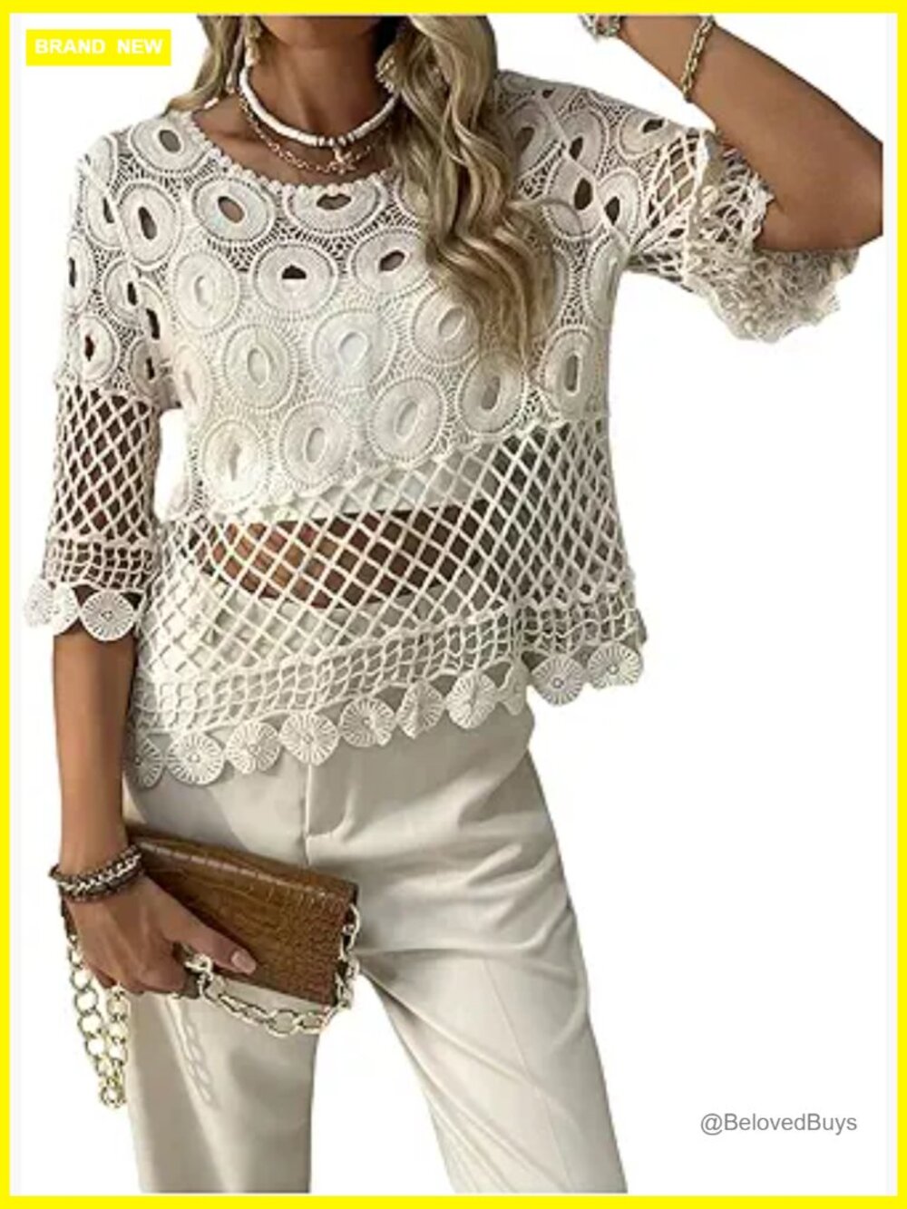 Sheer Crochet Crop Top 3/4 Sleeve Boho Knit Top